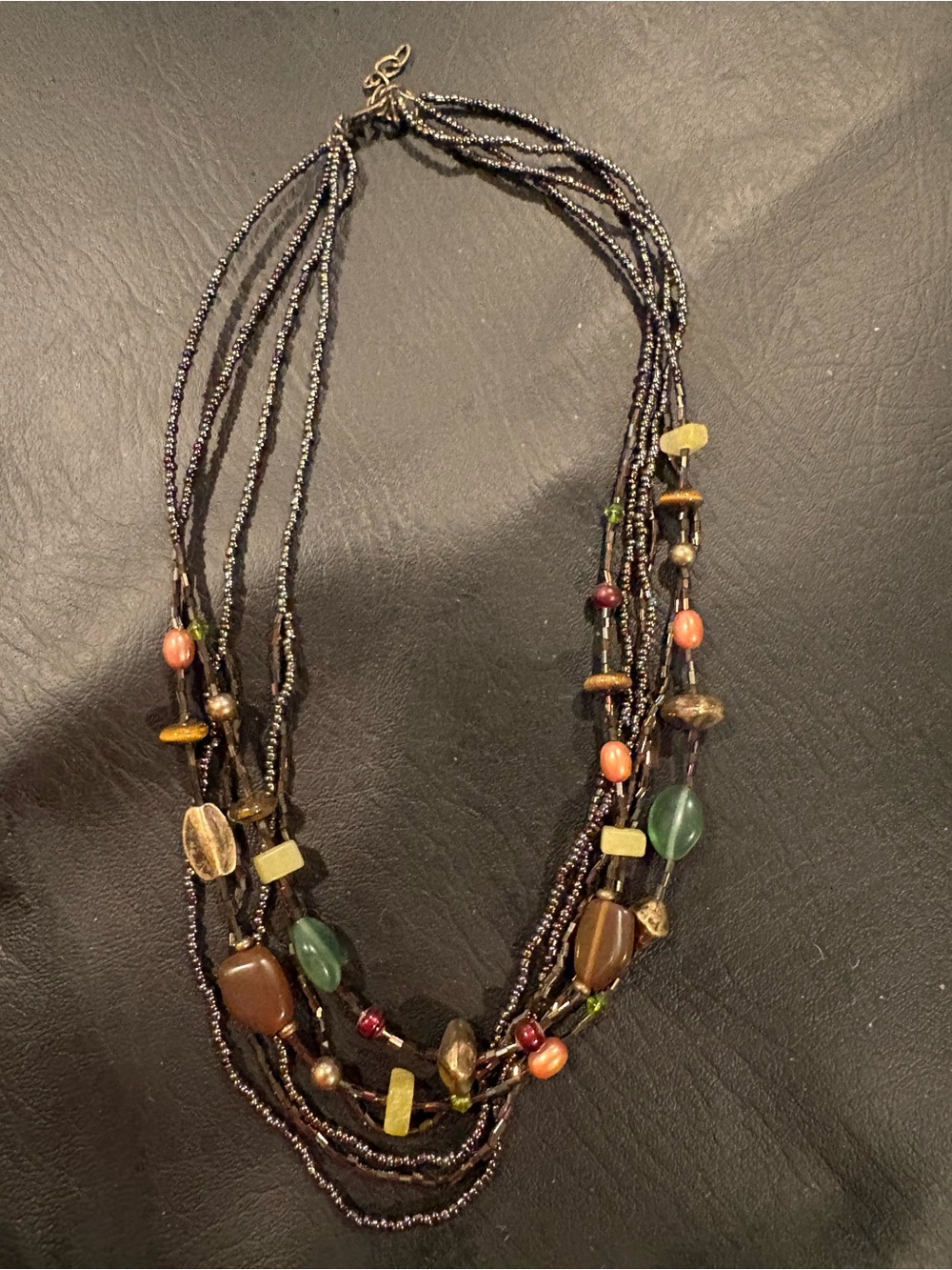 Multi-Strand Beaded Necklace with Green, Brown and Coral Accents